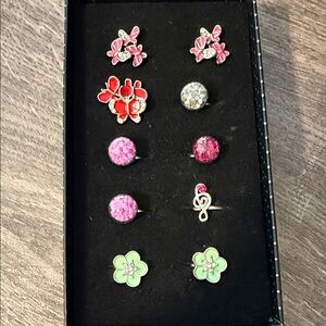 Assorted Floral and Gem Stud Earring Set - Pink, Red, Green